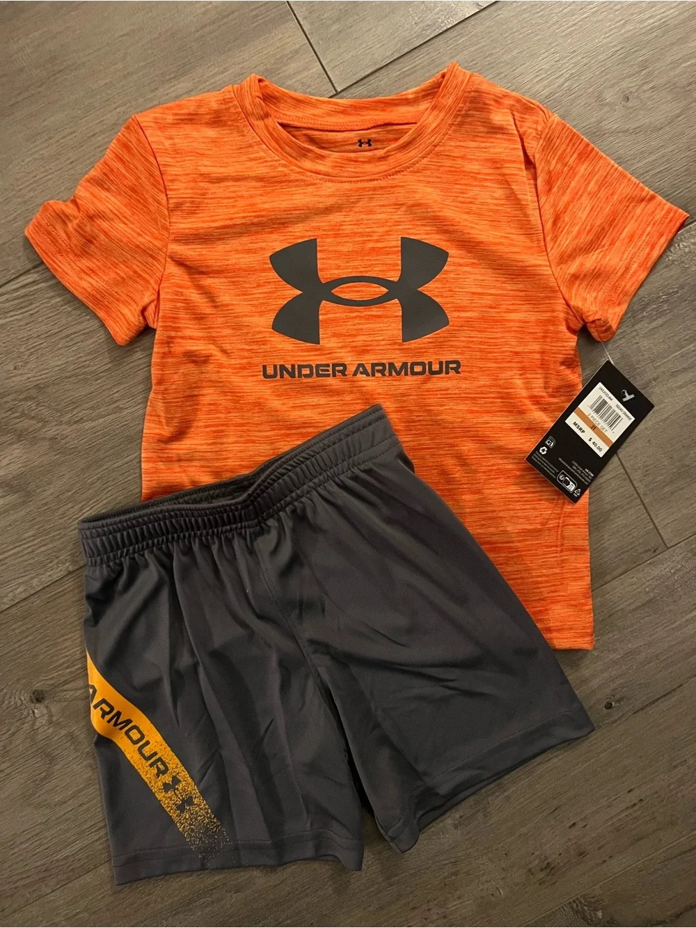 Under Armour Orange Heather Logo Tee with Gray Athletic Shorts
